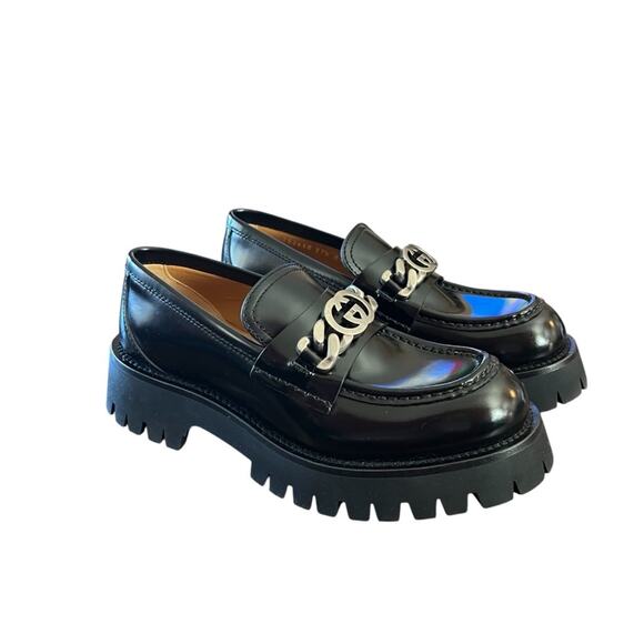 Gucci Jeanne GG Logo Chain Slip On Leather Lug Loafer NEW  EU 37.5 US 7.5 - Picture 1 of 15